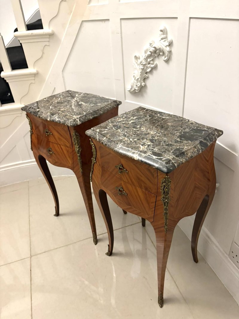 Antique Pair of Quality French Louis XV Style Marble-Top Bedside Cabinets